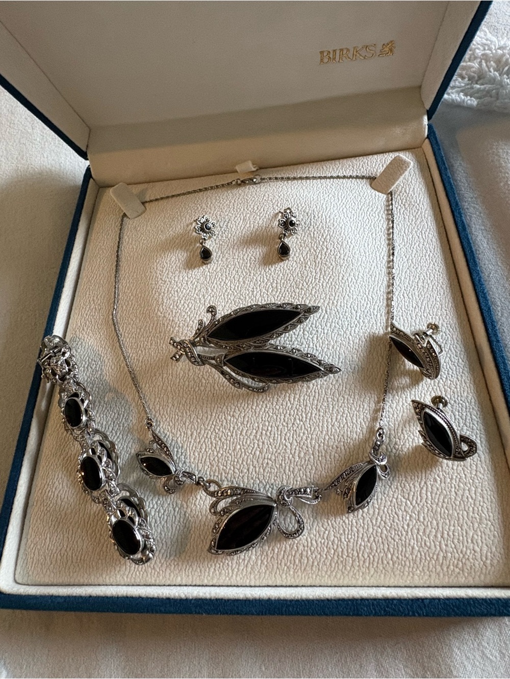Black Onyx and Sterling Silver Jewelry Set - Necklace, Bracelet, Earrings, Ring
